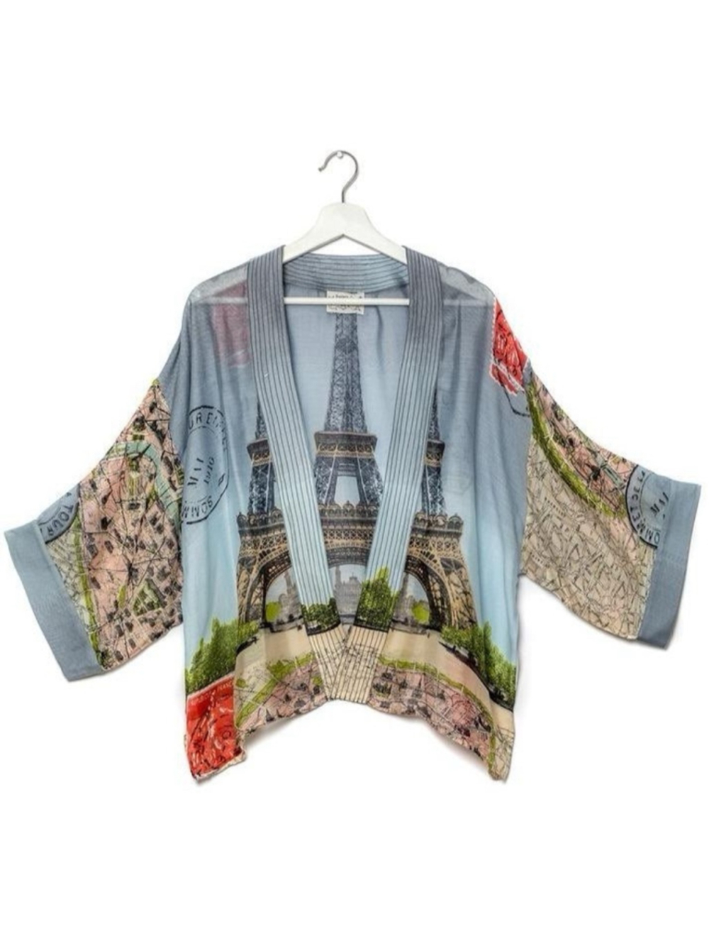 One Hundred Stars Paris Eiffel Tower Kimono Cover Up Sheer Duster Travel OS